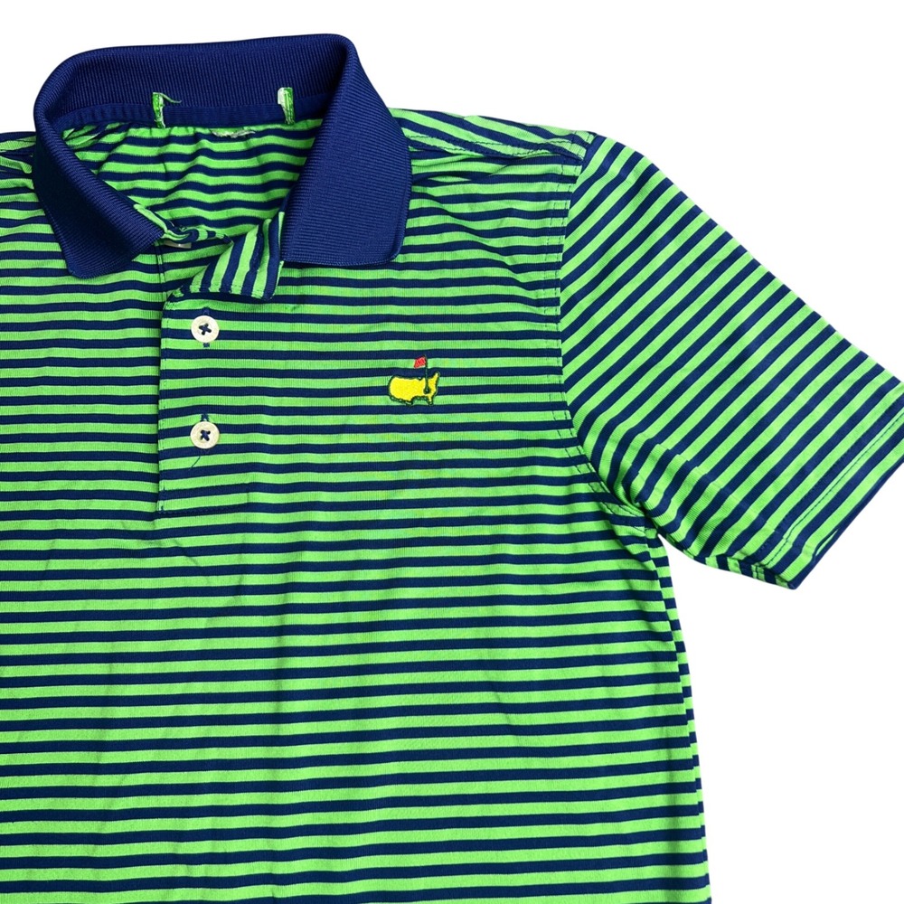 Masters Kids Golf Polo Shirt Green Navy Blue Striped Logo Size 10 (no size tag)